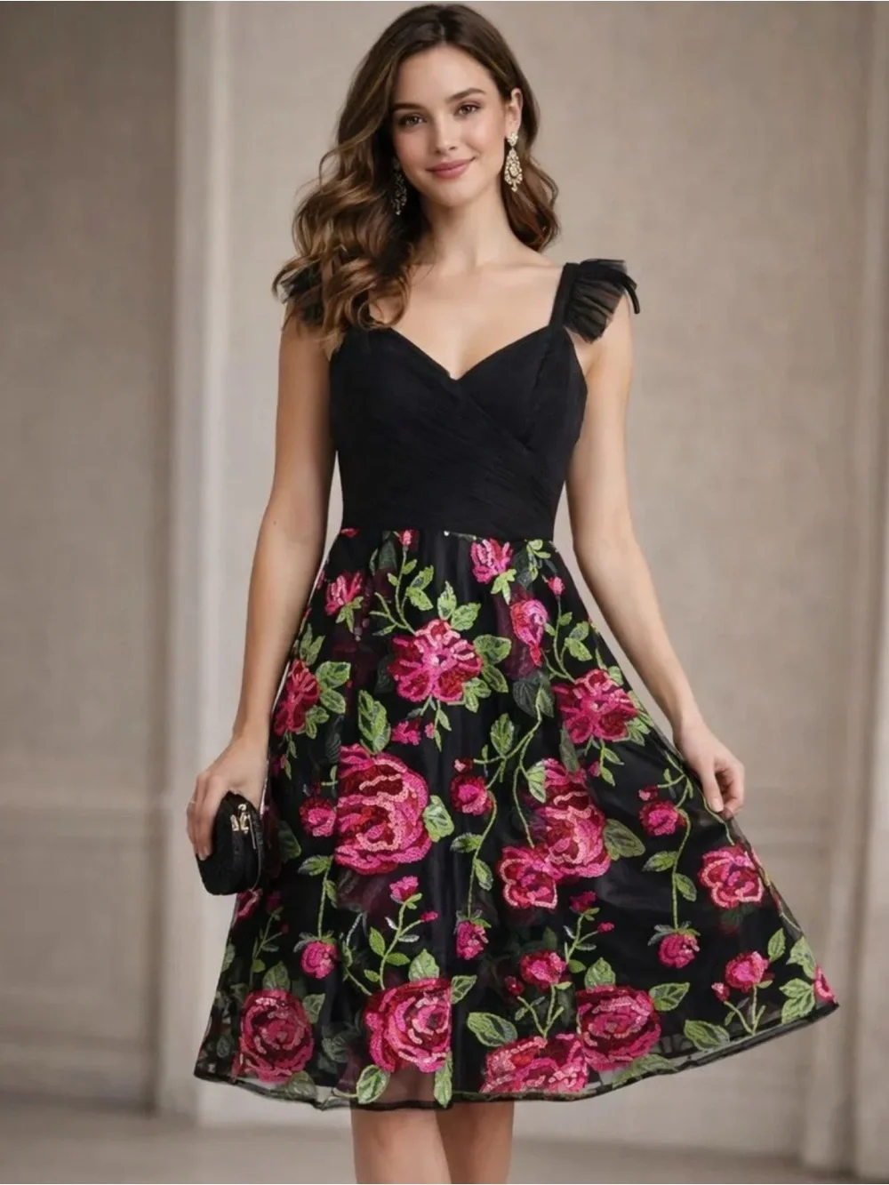 Adrianna Papell Rose Embroidered Mesh Dress  Size 4
